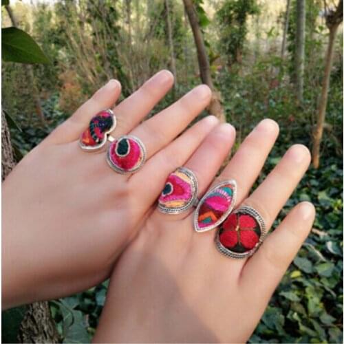 100% handmade National style Embroidery rings Miao silver plated ethnic cotton jewelry creative personality colorful ring 3pc