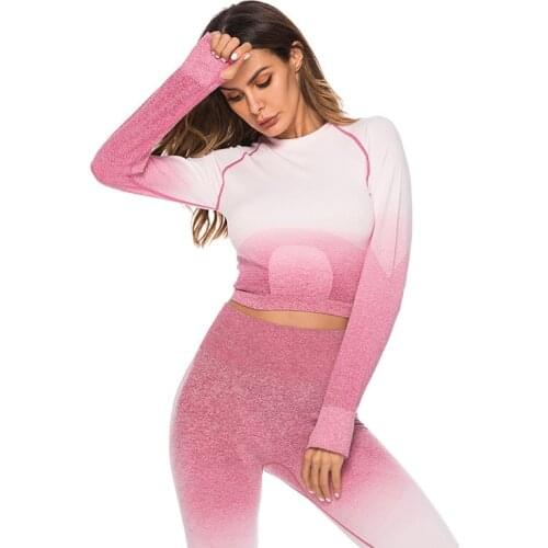 Seamless Yoga Set Women Gym Workout Fitness Clothing Gradient Crop Top Sports Suit Long Sleeve And High Waist Leggings