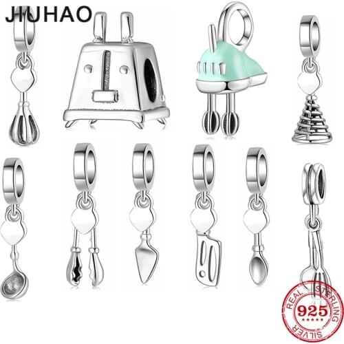 Kitchenware 925 Sterling Silver Pancake Turner Whisk Spatula Pendants Charms Fit Original Designer Charm Bracelet Jewelry Making