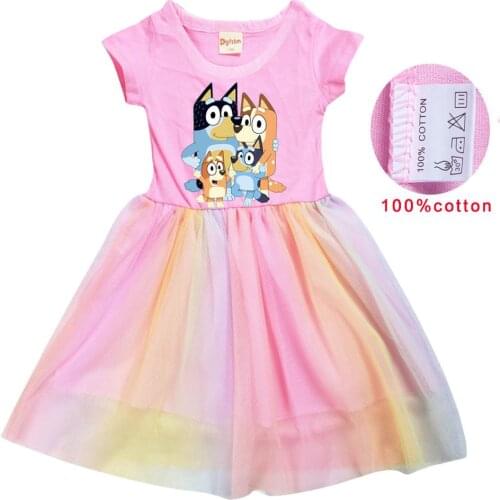 Bingo bluey Summer Girl Kid T Shirt Colour Gauze Pleated Princess Patchwork Dress Cute Cartoon Printed bluey Baby Child Clothes