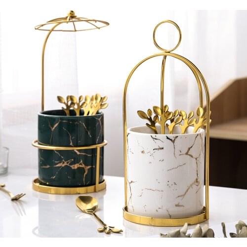 Creative stainless steel fruit spoon Fork combination Nordic marble pattern kitchen tableware leaf spoon Fork household storage