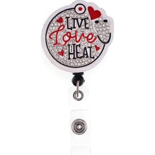 Medical Heart Live Love Heal Stethoscope Rhinestone Retractable Reel ID Badge Holder Clip