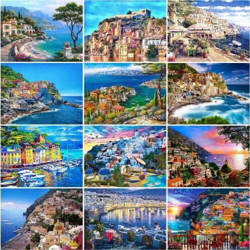 HUACAN DIY Frame Picture By Numbers Seaside Landscape HandPainted Wall Art Paint By Number Mountain Decoration