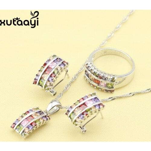 XUTAAYI Multicolor Stones Fashion Silver Jewelry Sets For Women Superb Necklace Rings Earrings Wedding Jewelry
