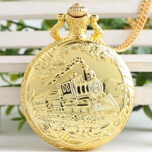 New steampunk golden train pattern Fashion quartz Flip clock classic Necklace pocket watches man gift
