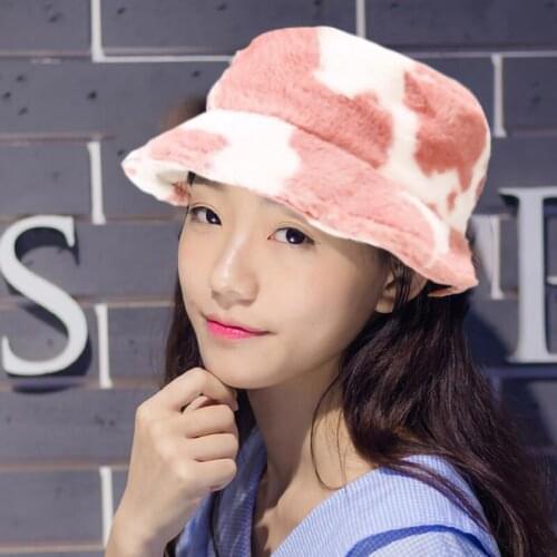 Bucket Hat Winter Womens Panama Cow Print Fisherman Fur Warm Plush Fishing панама зимняя женская sombreros de mujer sombrero