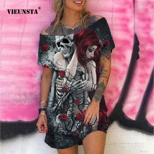 Rock Fashion Skull Floral Print Mini Dresses Women Casual Short Sleeve T-Shirts Dress Sexy Off Shoulder Party Dress 2021 Summer