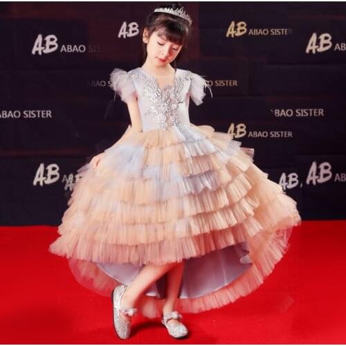 Luxury Flower Girls Dresses Princess Appliques Beading Embroidery Pearls Sequined Ball Gown O-Neck Tulle Kids Party Dress D205