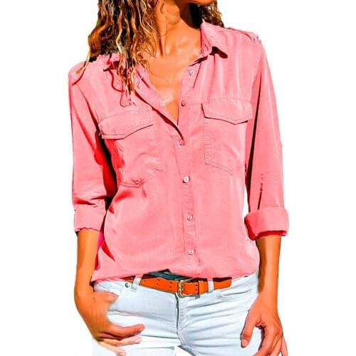 Womens Casual Button-down White Shirts Turn Down Collar Long Sleeve Business Office Blouses And Tops Pockets Blusas Y Camisas