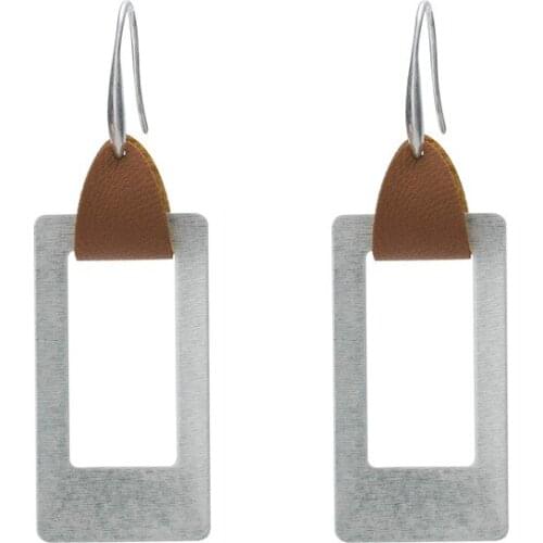 Silver Color Polished Metallic Square Dangle Drops Earrings Minimalist Cutout Square Meteallic Leather Connector Dangle Earrings