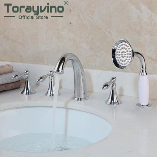 Bathroom Shower Sink Faucet 3 Pcs Chrome Brass Faucets Set With Hand Shower Banyo Lavabo Musluk Deck Mounted Mixer 3 Handle Taps