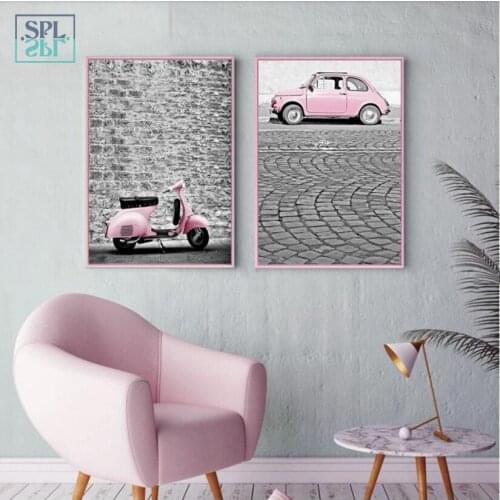 SPLSPL Romantic Wedding Decoration Wall Picture Pink Girl Car Train Canvas Art Print Painting and Poster for Kids Room No Frame