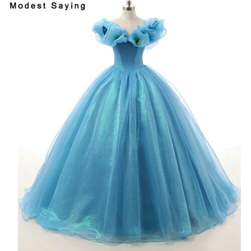 Faity Vintage Blue Ball Gown Evening Dresses 2017 with Ruffled Neckline Formal Engagement Long Prom Gowns vestido longo de festa