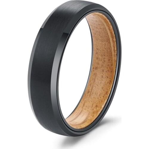 POYA TUNGSTEN Ring for Men Women 6 mm Black Plated Tungsten Inlay Whiskey Barrel Wood