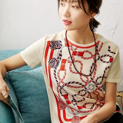 Chinese style women New s top Chinese knot Printed Silk Shirt Short Sleeve Shirt splicing knitwear