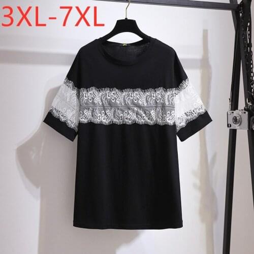 New 2021 Ladies Summer Plus Size Tops For Women Large Short Sleeve Loose Black Cotton Lace O-neck T-shirt 3XL 4XL 5XL 6XL 7XL