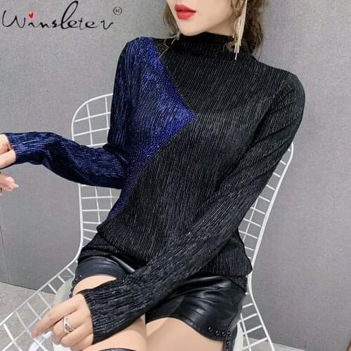 Fall Winter T-Shirt Chic Sexy Corduroy Turtleneck Patchwork Diamonds Women Tops Bottoming Shirt Casual All Match Tees T16401A