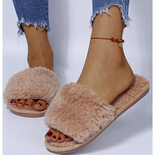 Womens Summer Home Furry Flat Slippers House Comfortable Soft Female Shoes Casual Indoor Black Open-toe Ladies Flip Flop