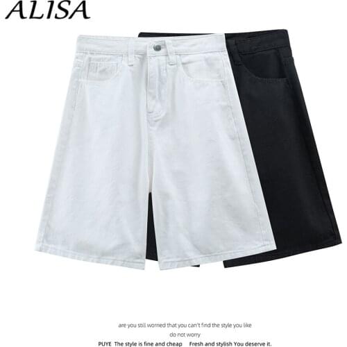 Knee Length Denim Shorts Women Summer Retro Baggy High Waist Straight Leg Jeans Shorts Woman Loose Button Fly White Pants