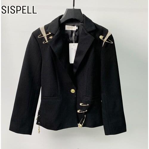 SISPELL Streetwear Fashion Blazer Coat For Female Patchwork Metal Buckle Lapel Collar Long Sleeve Back Swing Womens Casual Coat