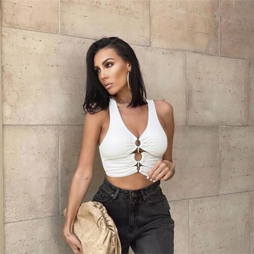 Women Sleeveless Sexy V-Neck Crop Top Hollow Out Ruched O-Ring Slim Corset Vest