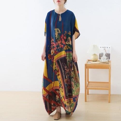 2021 Bohemia Floral Printed Robe Fashion BOHO Dress Holiday Woman Summer Chiffon A Line Waist Short Sleeve Vintage Long Dresses
