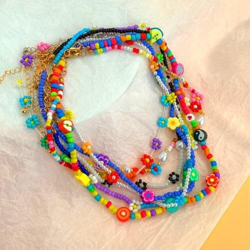 Boho Rainbow Flower Short Choker Necklace for Women Fashion Cute Colorful Beads Necklace Chain on Neck Trendy Necklace 2021 Girl