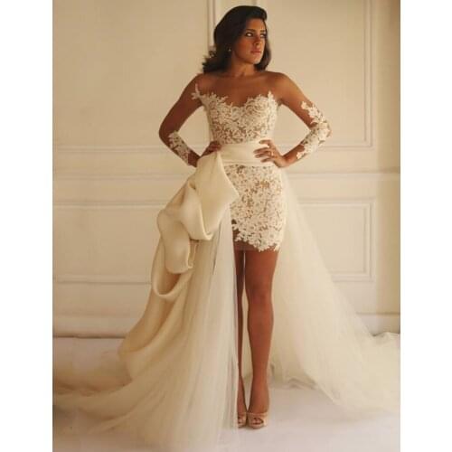 Short Sheath vestido de noiva 2018 Long Sleeves Lace appliques Detachable Train Back Zipper bridal gown bridesmaid dresses