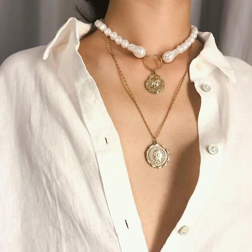 2019 Vintage Fashion Pearl Head Coin Pendant Necklaces For Women Bohemian Gold Metal Multi Layer Necklace Jewelry Wholesale