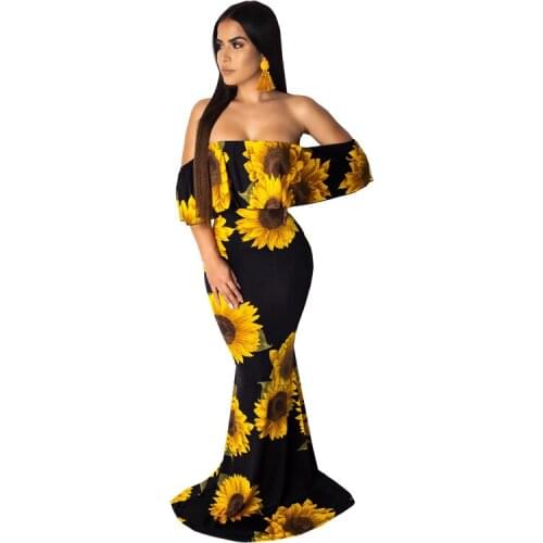 Ladies Strapless Print Flared Skirt Tube Top Ruffle Dress