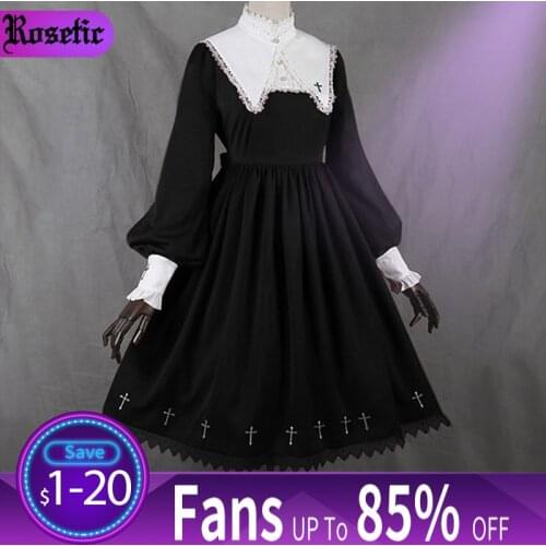 Rosetic Women Dress Medieval Retro Collar Lace Dress Puff Sleeve Large Swing Dress Lolita Style Girl Female Girl Gothic Dress