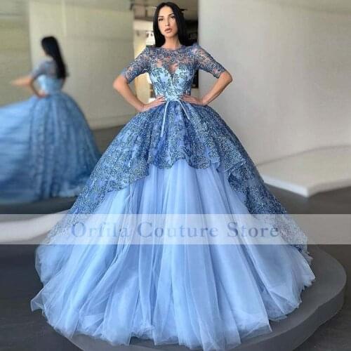 Blue Evening Gowns For Women Lace Appliques Fall 2021 Arabic Prom Dress Boda robe de soirée de mariage