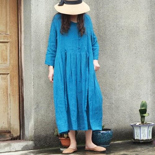 Johnature Women Vintage Linen Dresses Button Belt Lake Blue O-Neck Long Sleeve 2021 Autumn New Chinese Style Pleated Dresses