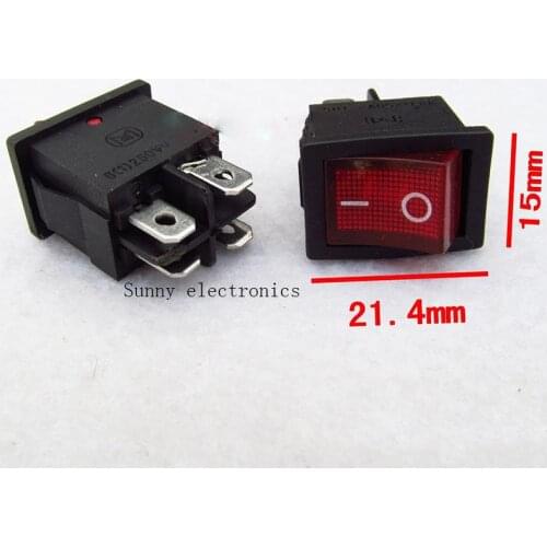 100pcs/lot 4 Pin 5A 250V Red Red LED illuminated Button Rocker Switch On - On Import Rocker Power Switches