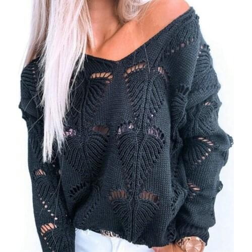 2021 Autumn Women Fashion Long Sleeve V-neck Loose Pullovers Hollow Out Design Tops Casual Solid Knitted Sweater