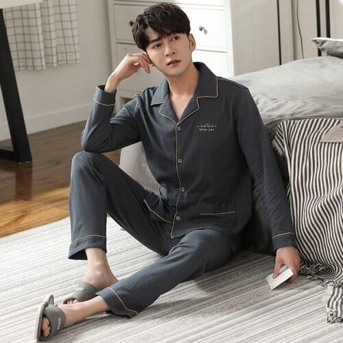 2021 Pajamas Mens 100% Cotton Spring Autumn New Cardigan Home Casual Lapel Middle Aged Dad Home Clothes Cotton Suit Pyjamas