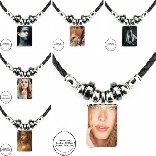 For Schoolgirl Maxi Vintage Black Leather Bead Pendant Glass Pendant Necklaces Jewelry Handmade Necklace Woman Face Fantasy