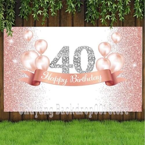Rose Gold Glitter 40th Backdrop Pink Balloon Lady Happy Birthday Party Photo Background Banner Decorations Supplies