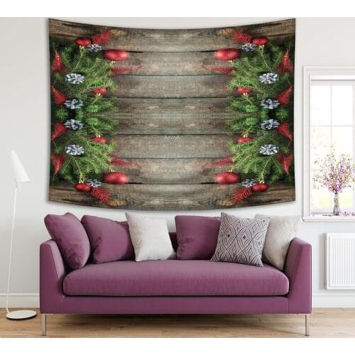 Tapestry Green Christmas Tree Branches and Red Balls on Brown Wooden Table December Winter Holidays Theme Art Printed