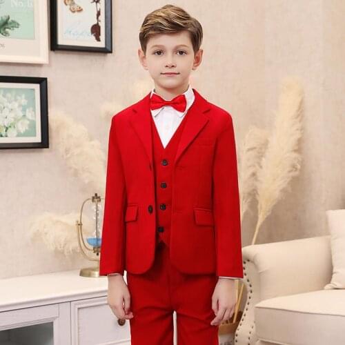 Handsome Boy Red Dress Suit Set British Flower Children Piano Performance Wedding Costume Kids Blazer Pants Clothing Set