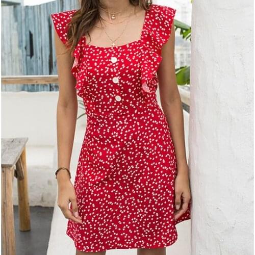 Summer Sexy Printed Ladies Clothing Hanging Neck High Waist WomenS Ruffle Button Red Dress Ladies Sunny Beach Mini Dress 2021