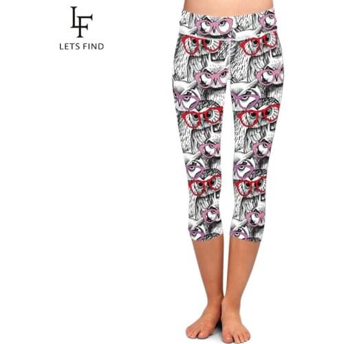 LETSFIND Summer Women High Waist Elastic Fitness Women Pants Cartoon Owl Printed Stretch Capri Leggings Plus Size
