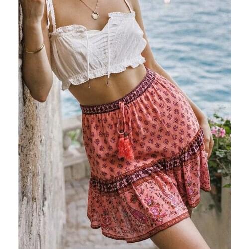 Chic Hippie Floral Printed Mini Skirts Vintage Elastic Tassel Faldas Summer Beach Boho Casual Clothes Short Women Skirts