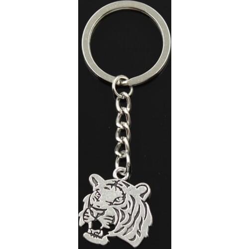 Fashion 30mm Key Ring Metal Key Chain Keychain Jewelry Antique Bronze Silver Color Plated Roaring Tiger Head 27x24mm Pendant