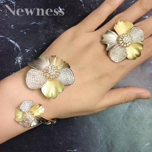 Newness Luxury Flower Three Tone Copper Africa Women Engagement Wedding Party Bangle And Ring Fashion Set Jewelry