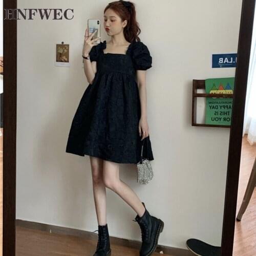 Embroidery sqaure collar puff short sleeves high waist A-line knee length pullover korea sweet girls dress U161