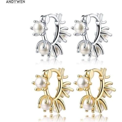 ANDYWEN 925 Sterling Silver Gold Pearl Huggies Pendiente Hoops Earring Circle Round Zircon Natural 2020 Fashion Rock Punk Jewels