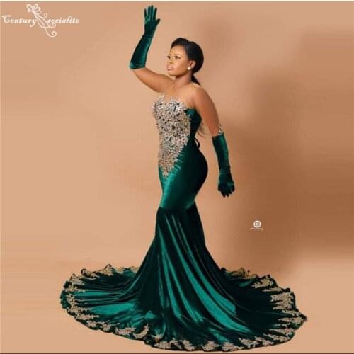 Dark Green African Rception Mermaid Prom Velvet Dresses 2021 Lace Appliques Evening Dress Engagement Gowns Vestido De Fiesta