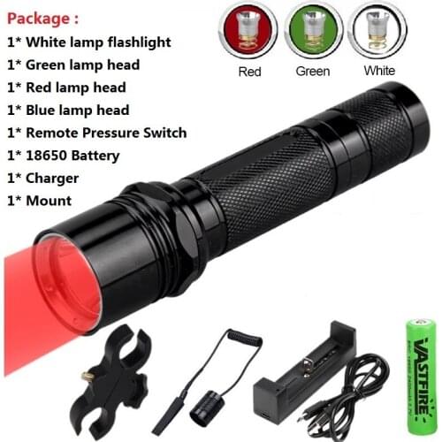 USB Rechargeable LED Hunting Flashlight 1 Mode 400 Yard 3/4 Light color(Green/Red/White/Blue/Purple) Flashlight For 18650