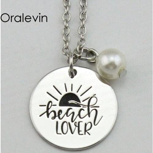 BEACH LOVER Inspirational Hand Stamped Engraved Custom Pendant Clothing Accessories Female Necklace Jewelry,10Pcs/Lot, #LN2025